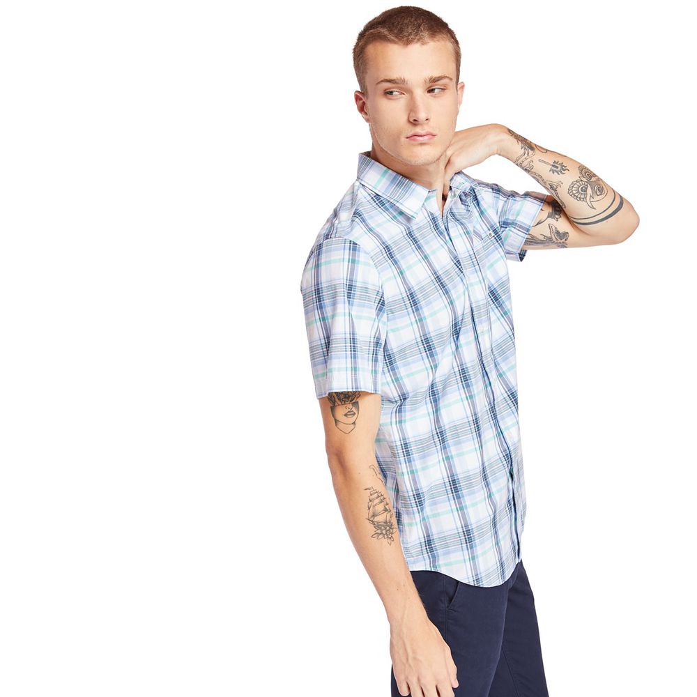 Timberland Mens Shirts Short-Sleeve Indian River Madras - Blue/White - India GB1862034